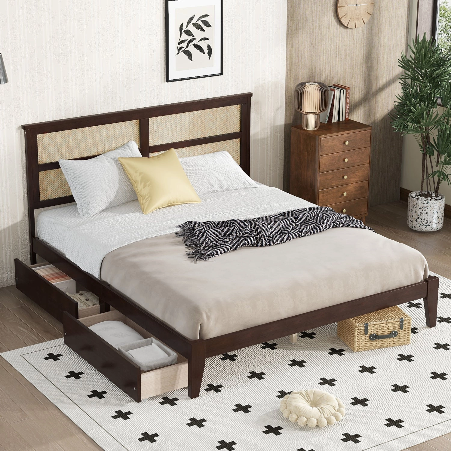 Streamdale King Bed: Rattan Headboard, Storage Drawers, Espresso