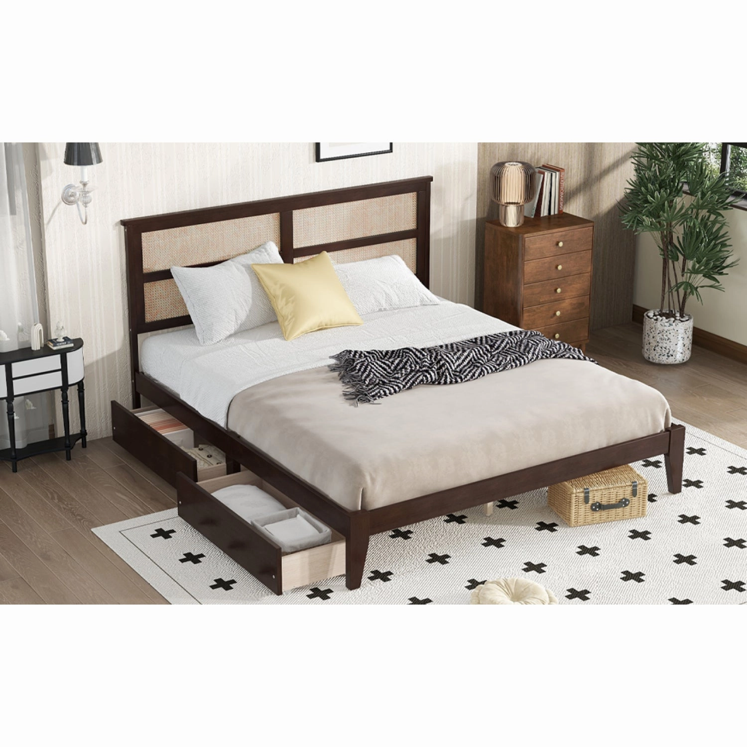 Streamdale King Bed: Rattan Headboard, Storage Drawers, Espresso