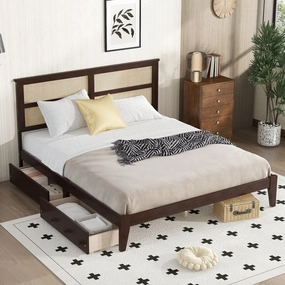 Streamdale King Bed: Rattan Headboard, Storage Drawers, Espresso