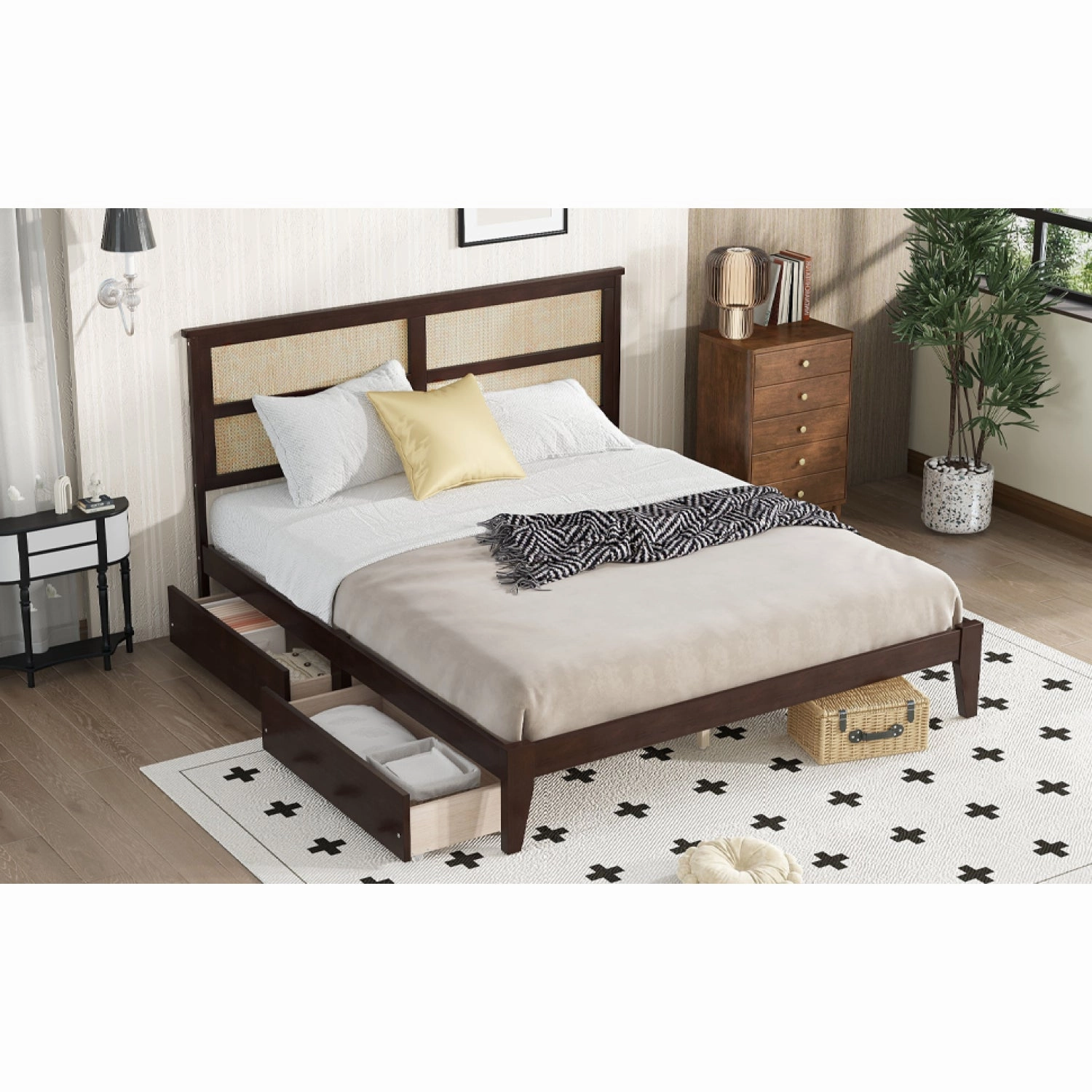 Streamdale King Bed: Rattan Headboard, Storage Drawers, Espresso